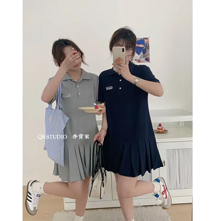 大码女装胖MM减龄显瘦遮肉百褶POLO连衣裙 6073