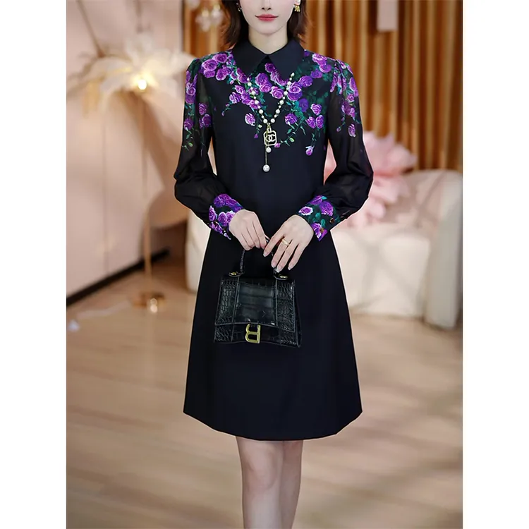 秋季新款时尚彩色波点印花气质休闲减龄显瘦长袖圆领女连衣裙77