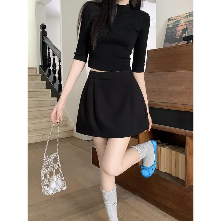 黑色花苞裙半身裙女2025秋季新款百搭显瘦a字裙小黑裙西装短裙子