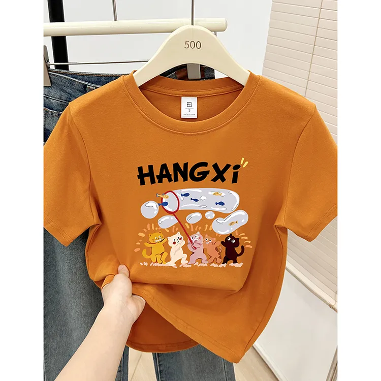 南瓜色圆领短袖T恤女夏季2025新款洋气印花时尚大码正肩半袖上衣