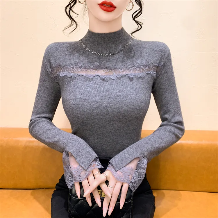 实拍钉钻半高领蕾丝拼接针织毛衣2025年秋冬新款长袖女显瘦打底衫