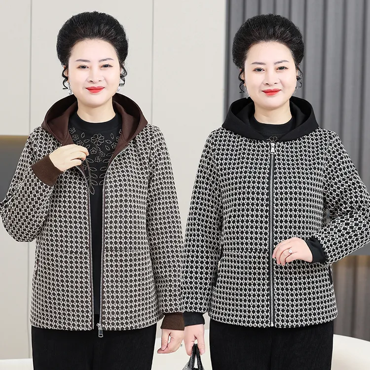 大码妈妈装春季新款格子拉链连帽外套中年人休闲洋气上衣宽松2510