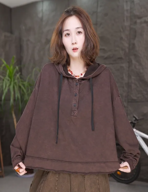 【宽松百搭卫衣】大码女装秋款长袖带帽上衣文艺复古帽衫QQ