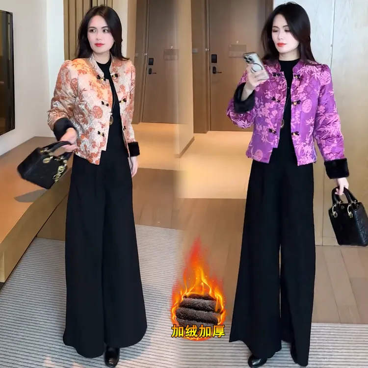 时尚加绒加厚新中式立领盘扣棉服女2025冬季新款洋气显瘦保暖棉衣