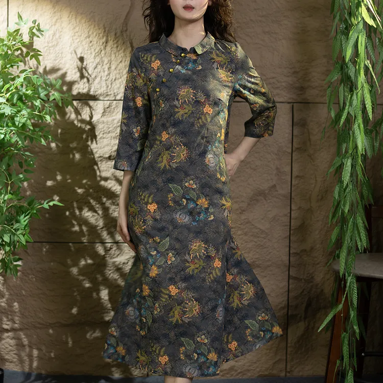 【蕨影】夏季薄款纯棉中长裙小翻领宽松大码连衣裙中国风中国风裙子