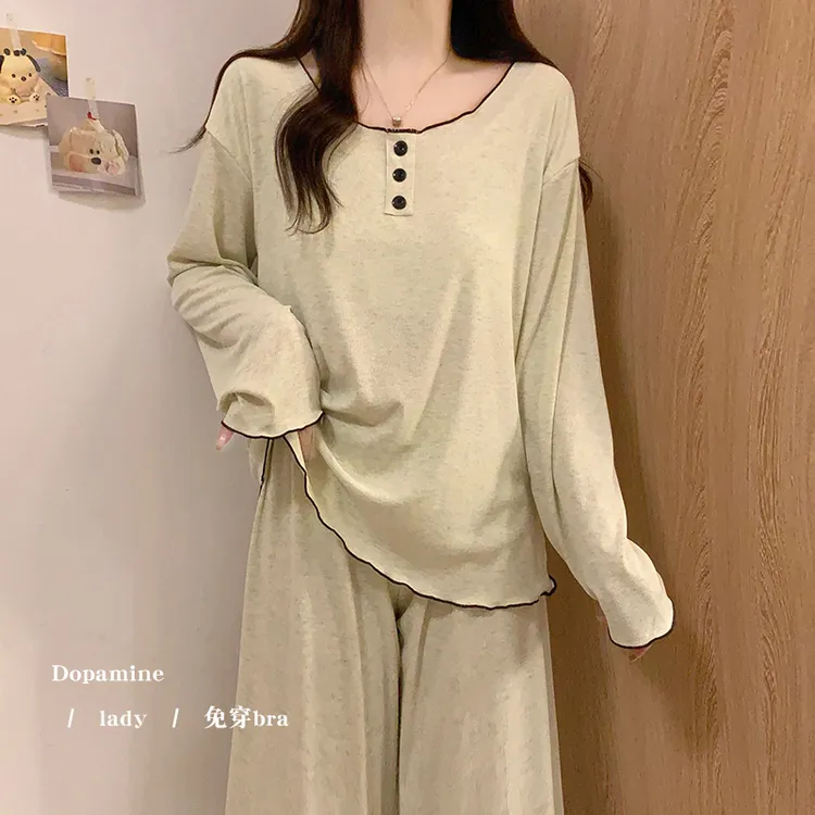 睡衣女款春秋季休闲多巴胺浅绿色带胸垫一体纯欲风免穿bra两件套