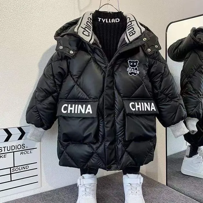 新款洋气服儿童加绒加厚免洗韩版中长棉服中大童棉服外套