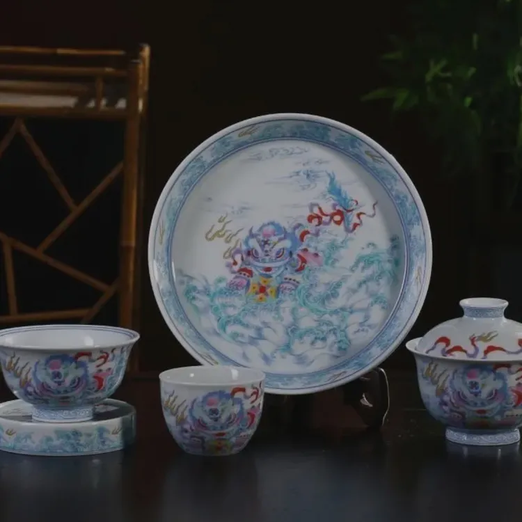 景德镇制斗彩双狮绣球茶具5件套