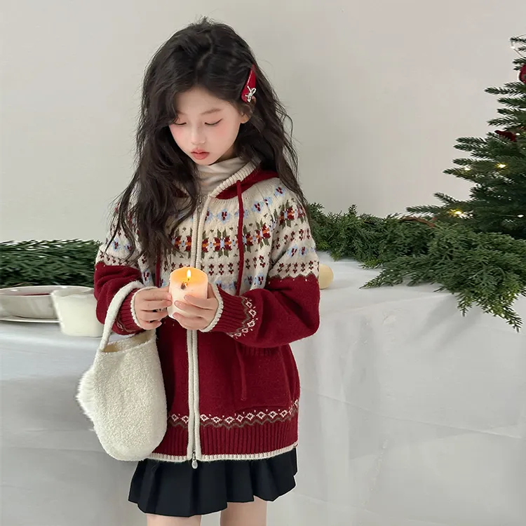 韩系童装2025秋冬新款女童红色圣诞提花毛衣儿童费尔岛连帽针织衫