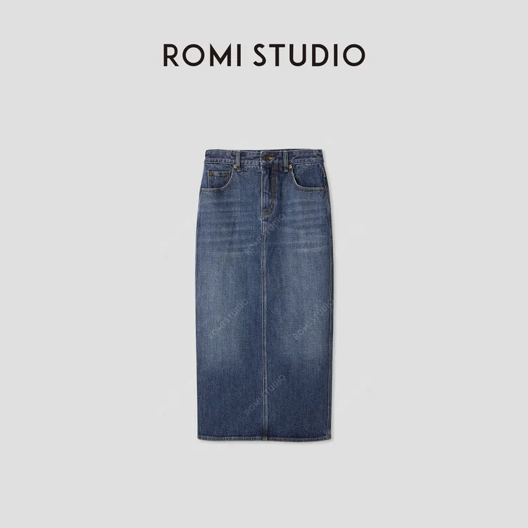 ROMI STUDIO“法式浪漫”酵洗棉质高腰后开衩牛仔八分裙RWCAXA4594