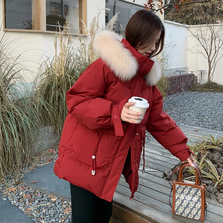 新年红色大毛领羽绒服女2025冬季新款韩系小个子洋气显白连帽外套