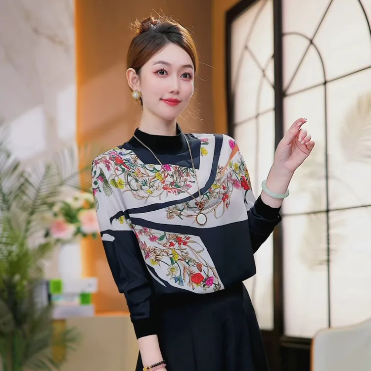 现货【百鸟繁花】2025秋冬新款双绉丝百搭长袖宽松T恤减龄打底上衣