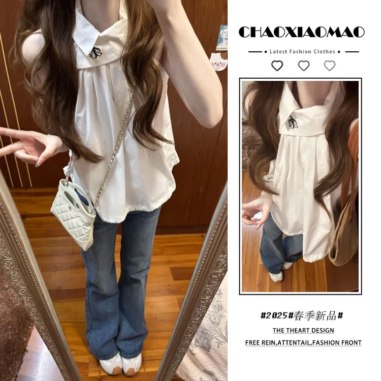 2025年春夏季新款韩穿搭套装女设计感时尚无袖上衣牛仔裤两件套潮