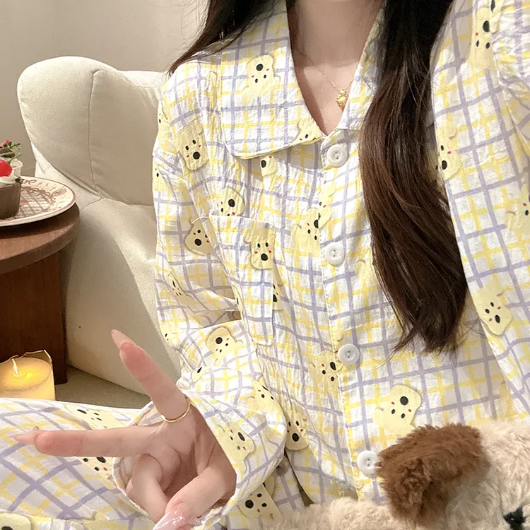日系可爱格纹害羞小熊睡衣少女春秋泡泡棉长袖薄款学生家居服套装
