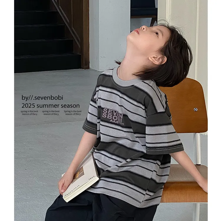 【现货】男童条纹短袖t恤儿童短袖2025新款韩版宝宝宽松上衣夏季