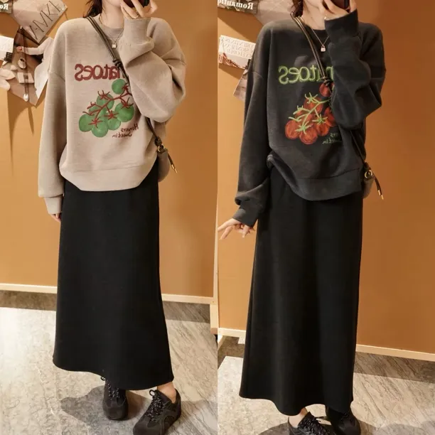 重工小番茄套头卫衣纸片半身裙套装女2025秋季新款欧货休闲一整套