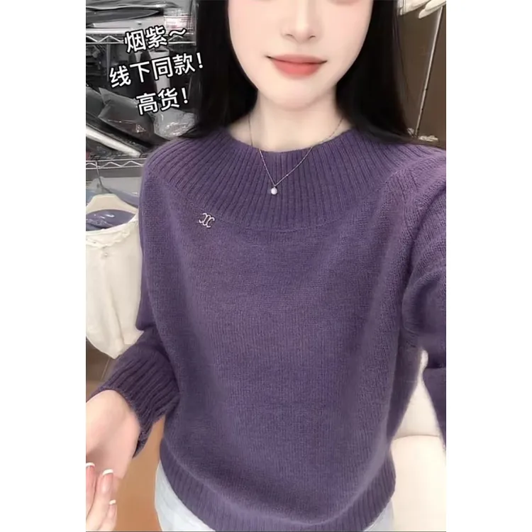 欧货温柔风圆领针织毛衣女秋冬季大码胖MM设计感慵懒软糯内搭上衣