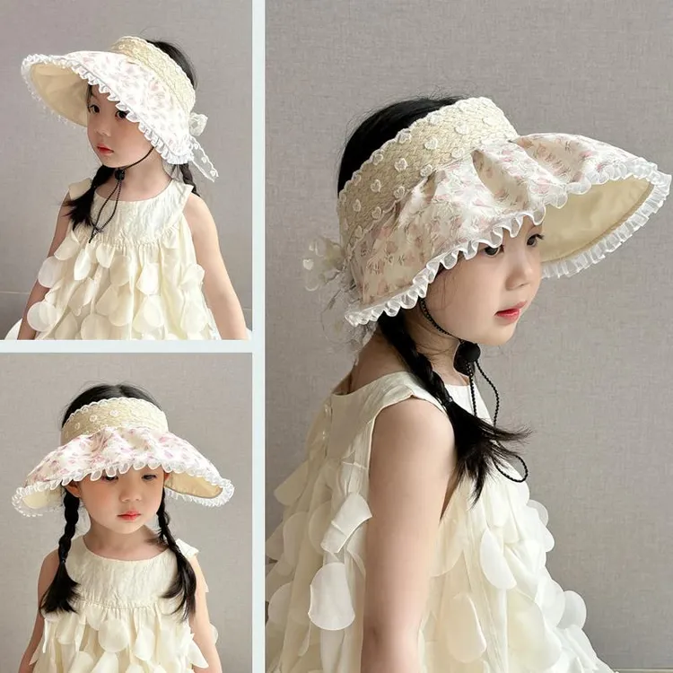 儿童防晒帽女童遮阳帽2025新款女孩蕾丝大帽檐太阳帽甜美防紫外帽