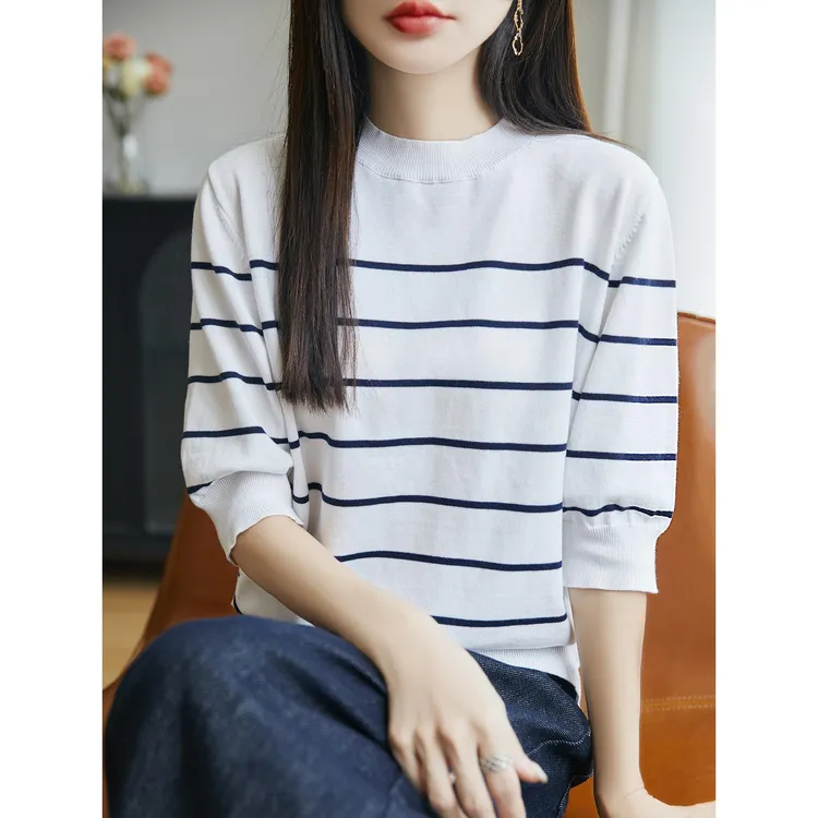 圆领条纹撞色五分袖针织衫女秋冬纯棉正肩短袖T恤打底衫中袖内搭