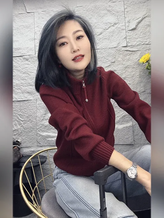 欧洲站酒红色半高领针织衫外套女2025秋冬新款双拉链设计休闲毛衣