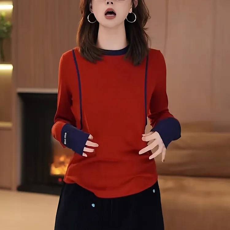 2025秋冬新款女红色撞色针织衫修身减龄显瘦洋气内搭打底衫上衣