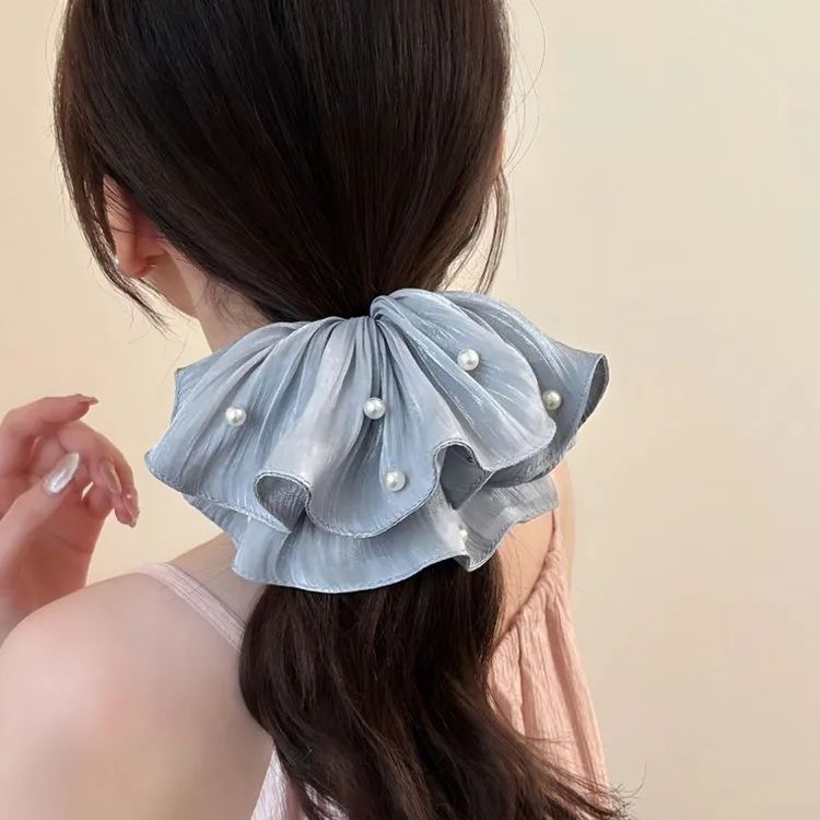 超仙珍珠流光褶皱大肠发圈2025新款超大号高级感女网红丸子头发饰