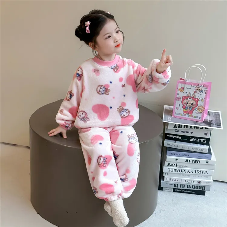 女童睡衣秋冬季珊瑚绒2025新款女孩拉布布套装法兰绒儿童家居服冬