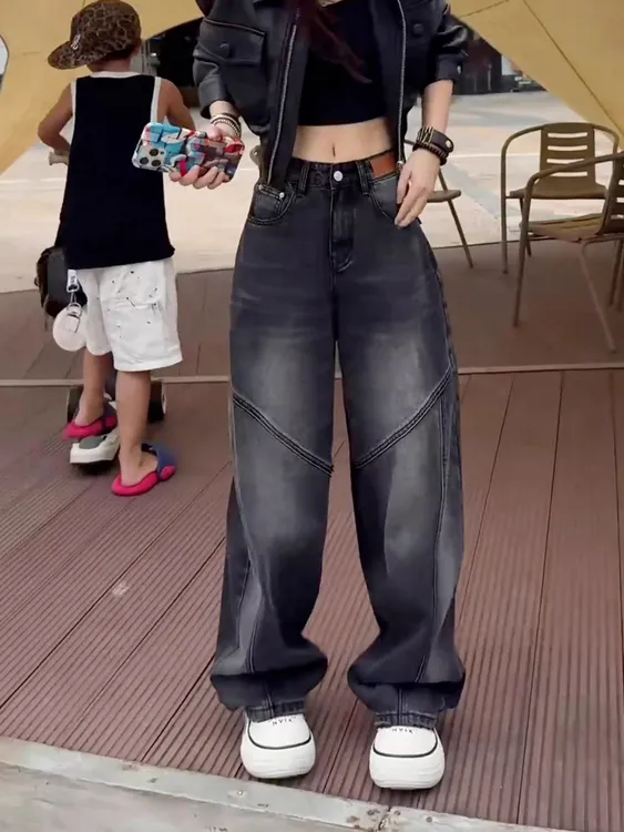 弯刀阔腿牛仔裤女秋季2025新款大码胖mm显瘦宽松美式直筒老爹裤子