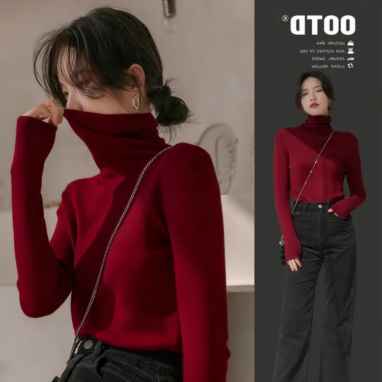 安哥拉红色堆堆高领毛衣打底衫女内搭秋冬时尚洋气百搭针织上衣潮