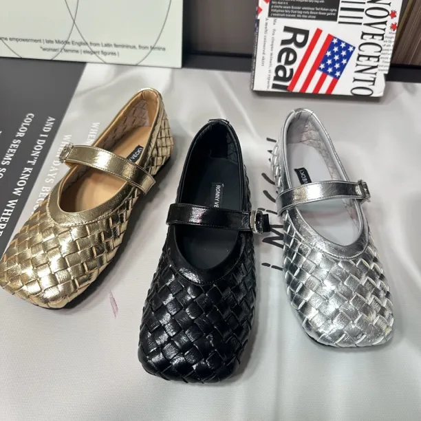 时尚编织玛丽珍女鞋低跟一字带浅口舒适单鞋