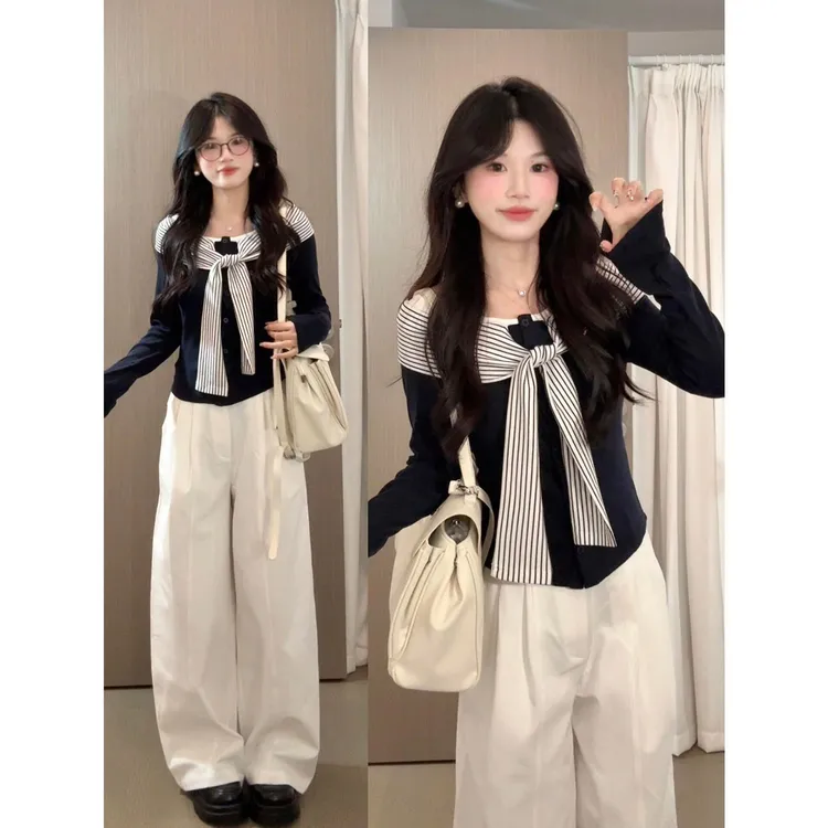 韩系穿搭假两件条纹披肩长袖t恤女秋季设计感学院风正肩打底上衣