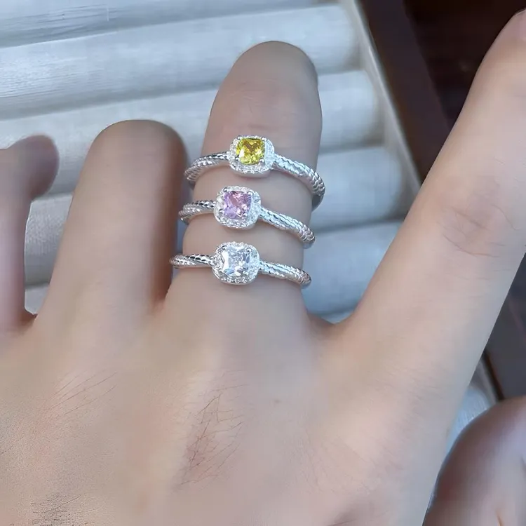 足银合成锆石戒指 【方糖戒指】足银990纯银开口戒方钻精致时尚闺蜜