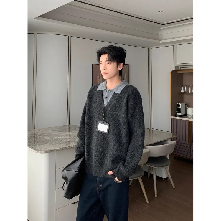 假两件秋冬毛衣长袖高级感男士2025新款秋冬百搭复古针织衫宽松