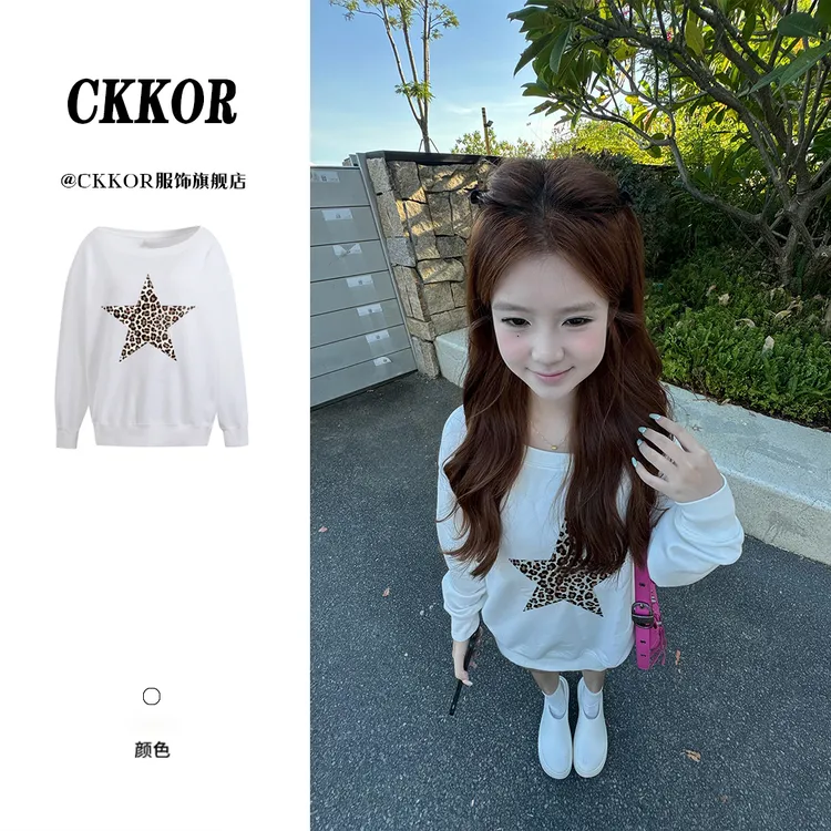 CKKOR春秋新款斜领露肩长袖卫衣女美式复古慵懒风宽松百搭上衣服 
