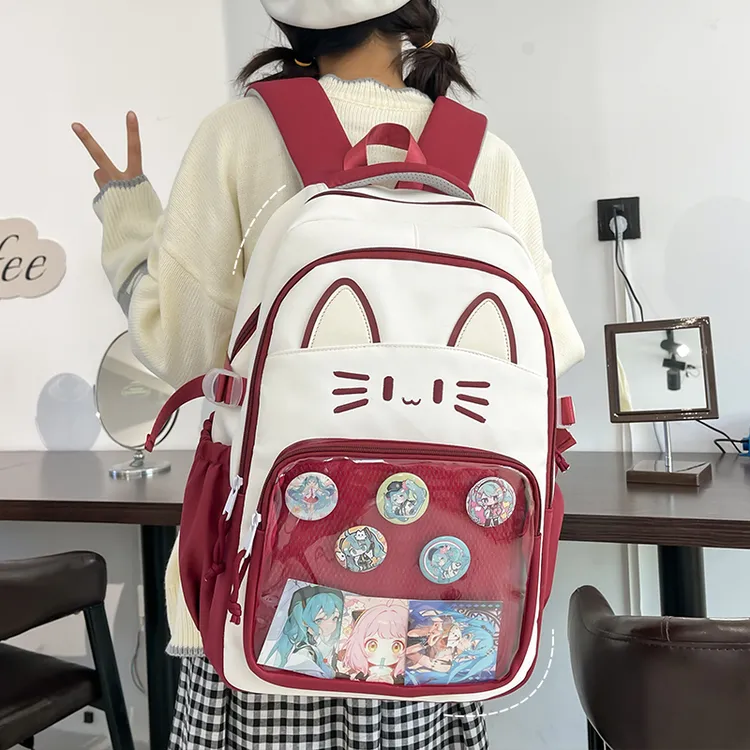 卡通猫咪透明书包女痛包初中小学生3-6年级可爱吧唧大容量双肩包