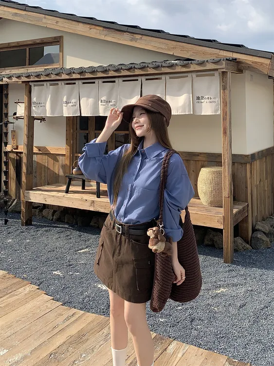 秋冬克莱因蓝休闲慵懒气质复古宽松polo领长袖衬衫咖色工装半身裙