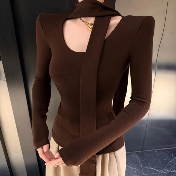 宽飘带加厚保暖磨毛纯欲风U领长袖女百搭休闲修身显瘦打底上衣T恤