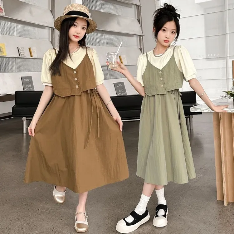 女童连衣裙夏季2025儿童洋气时尚百搭童装中大童裙子夏季假两件套
