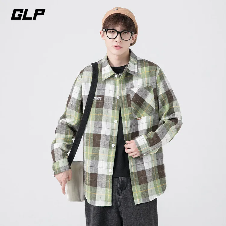格子长袖衬衫男士青少年春秋百搭美式复古宽松潮流情侣潮牌衬衣男