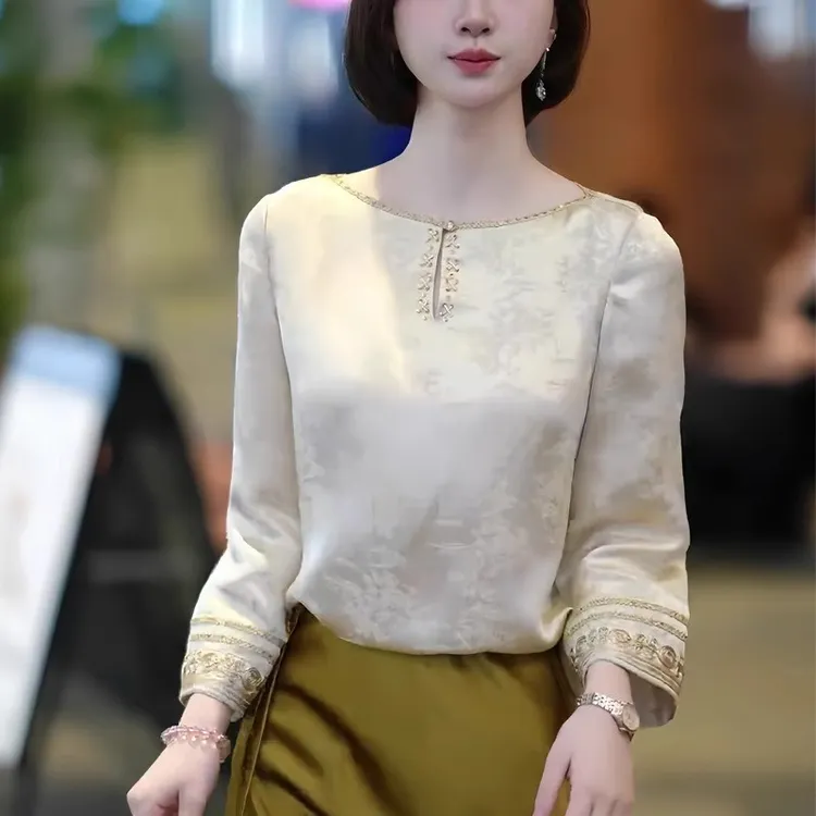 杏色水滴领长袖衬衫女2025夏季新款新中式提花设计感洋气大码上衣