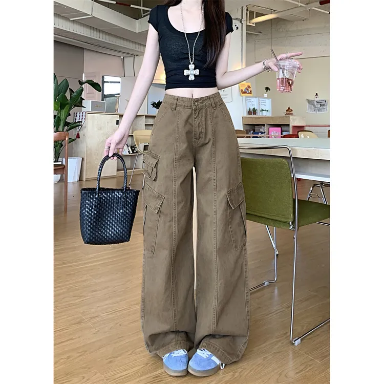 微胖mm棕色水洗做旧工装牛仔裤女夏季新款多口袋设计感宽松阔腿裤