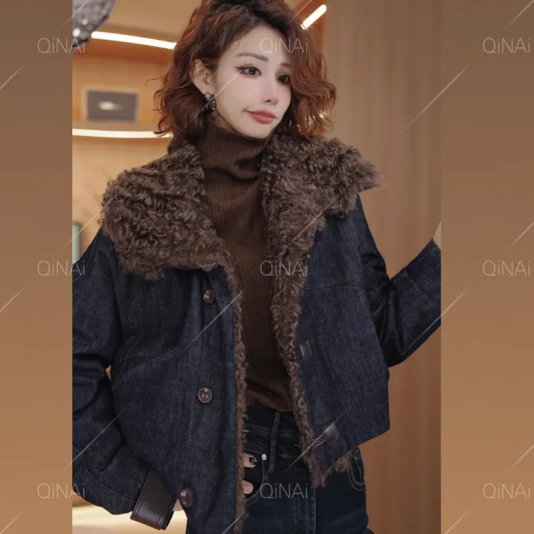 七奈「卡香」简约毛领长袖单排扣牛仔棉衣冬季秋冬