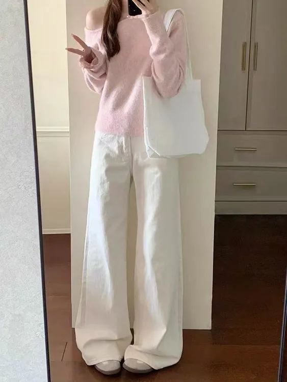 白色不贴腿微喇牛仔裤女2025春季新款高腰阔腿显瘦宽松垂感拖地裤