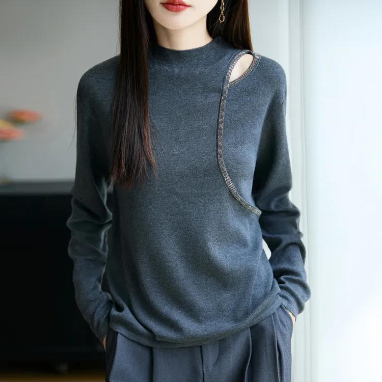 秋冬新款半高领气质羊毛针织衫女镂空烫钻打底衫显瘦毛衣女装内搭