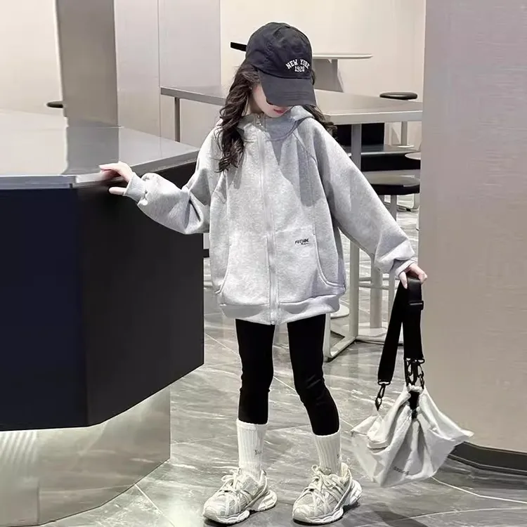 女童外套春秋2025新款儿童洋气宽松春装女大童装连帽上衣开衫卫衣