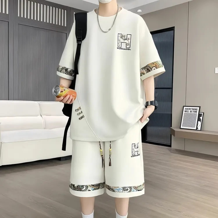 休闲运动男士套装2025年夏季新款宽松大码短袖短裤时尚百搭两件套
