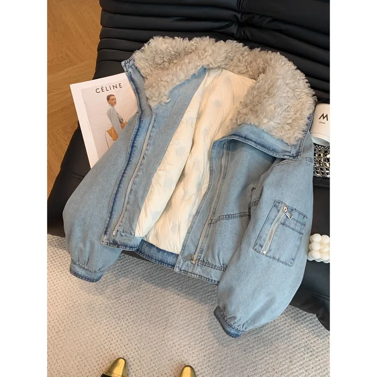 高端正版欧货高级感派克服女短款百搭时尚气质毛领牛仔棉服外套女