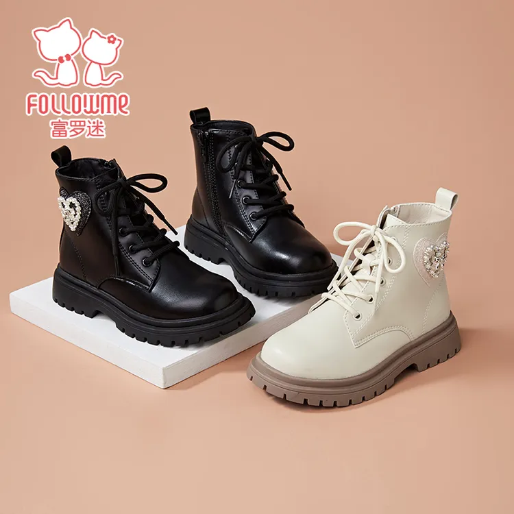 富罗迷儿童皮鞋皮靴冬季新款加绒加厚学院英伦风女童马丁靴5D9394