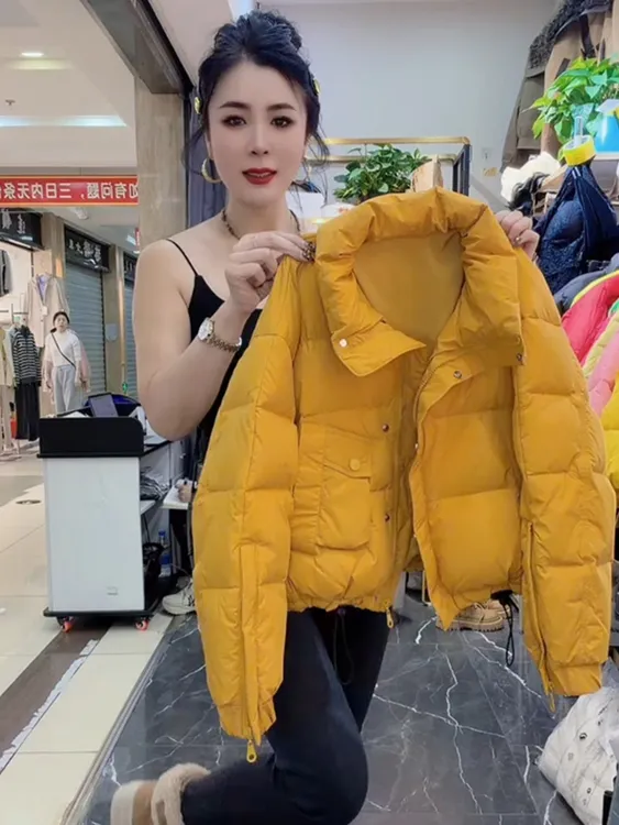 简约时尚立领黄色棉服女冬季新款欧洲站欧货高品质宽松休闲外套潮
