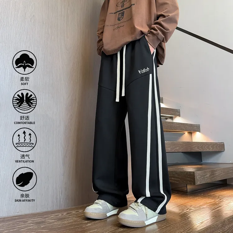 男士秋季新款刺绣条纹撞色休闲美式青年时尚潮流百搭宽松直筒长裤